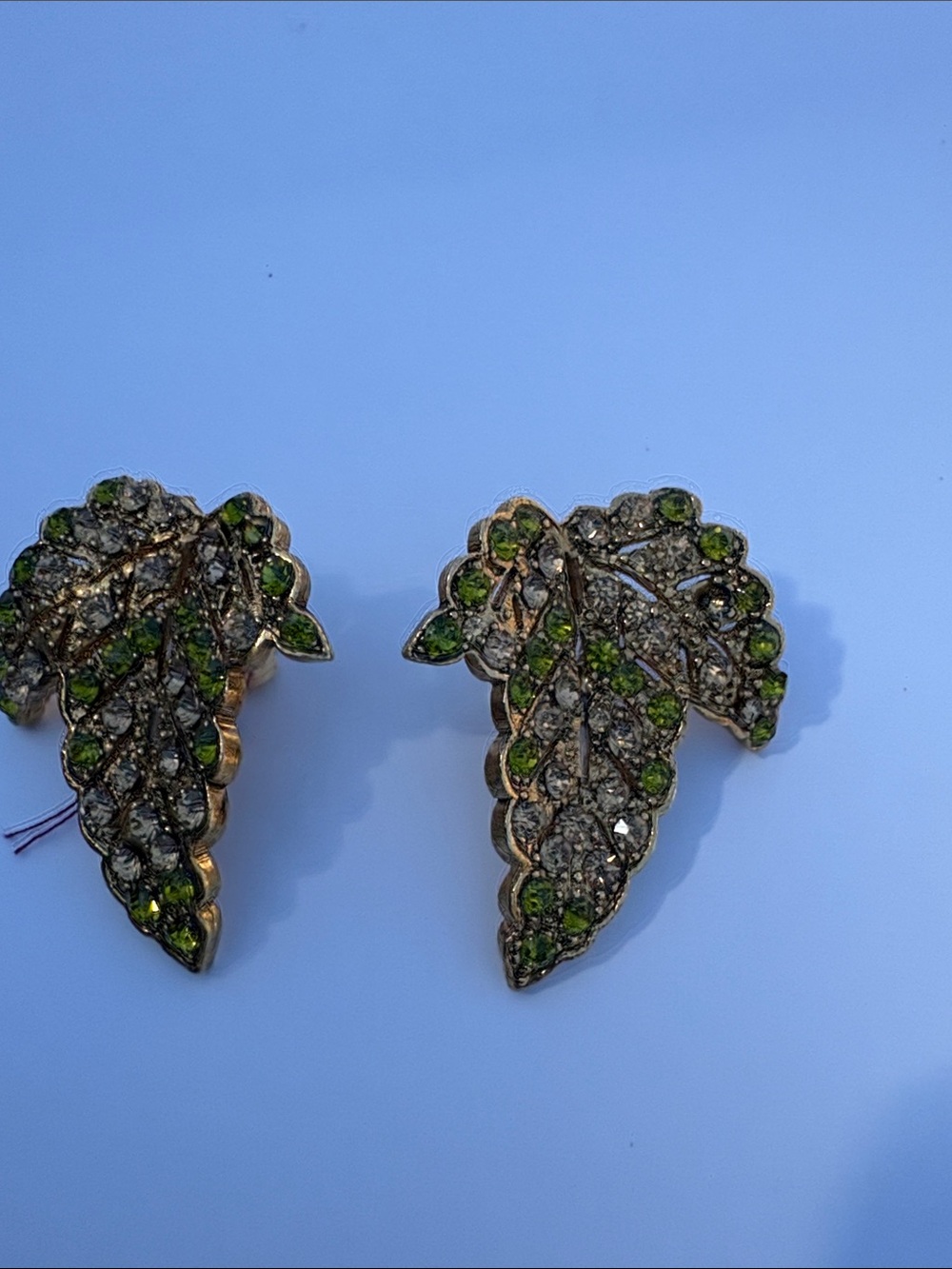 Vintage Thelma Deutsch Green Crystal Leaf Clip-On Earrings - Women Accessories